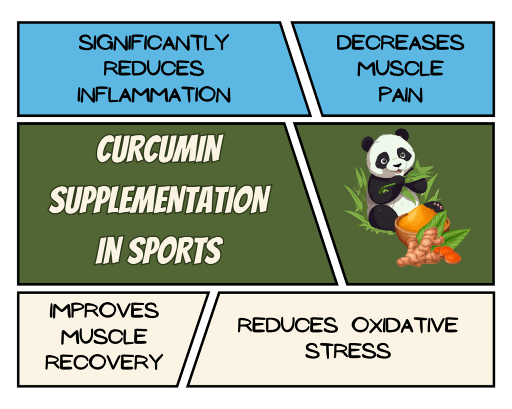 Curcumin reduces inflammation, descreases muscle pain, improves muscle recovery and reduces oxidative stress.